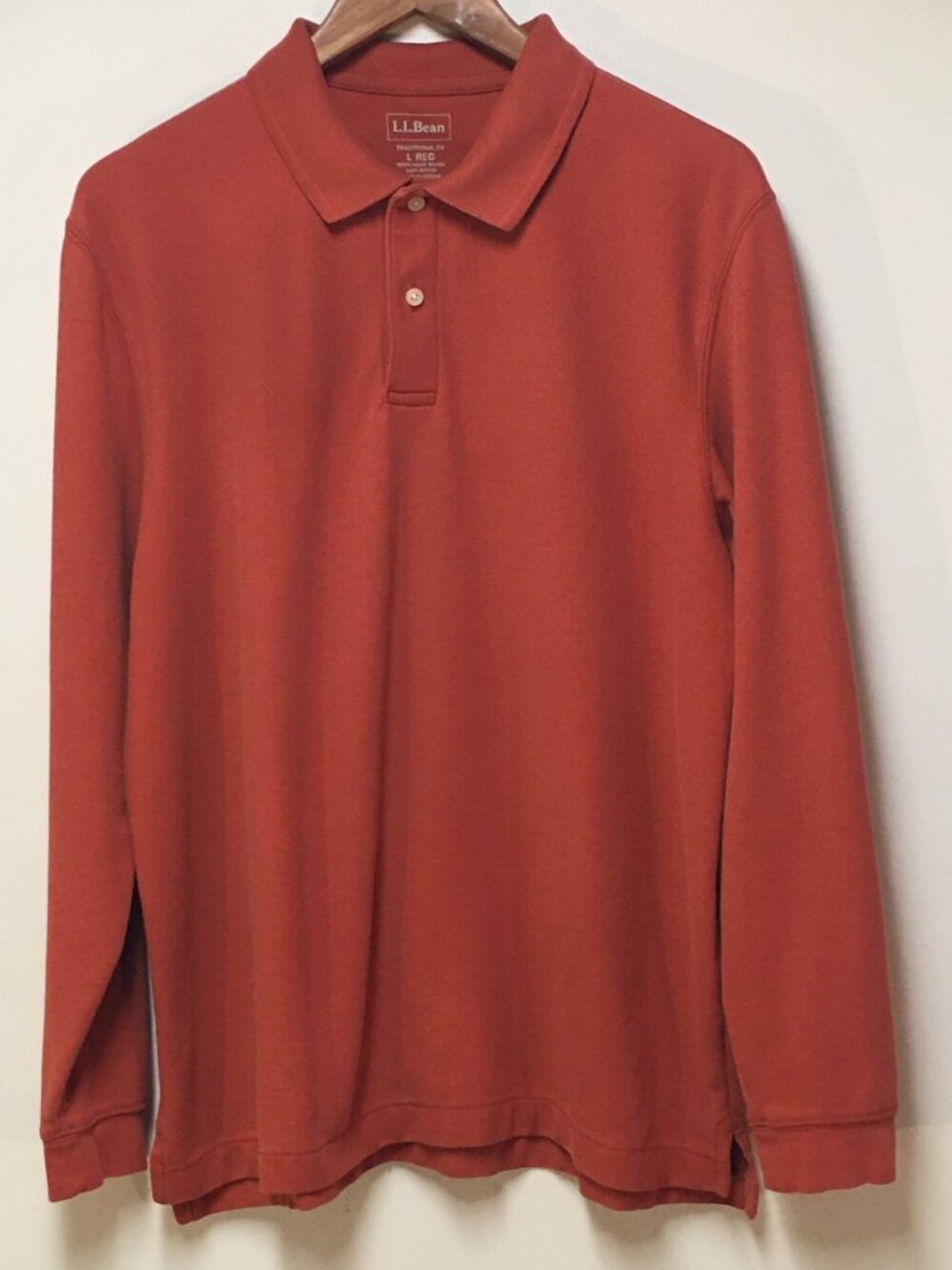 L.L. Bean Men L Polo Shirt Orange Long Sleeve Traditional Fit 100% Cotton Preppy